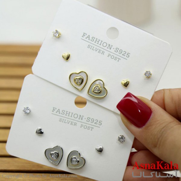 گوشواره زنانه استیل 316  پک 3 جفتی مدل قلب و تک نگین میخ نقره کد GSH15570W