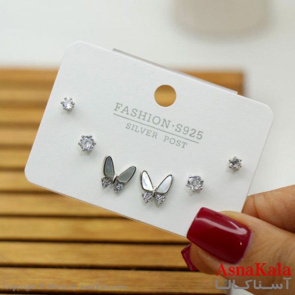 گوشواره زنانه استیل 316  پک 3 جفتی مدل پروانه و تک نگین میخ نقره ای کد GSH15571W