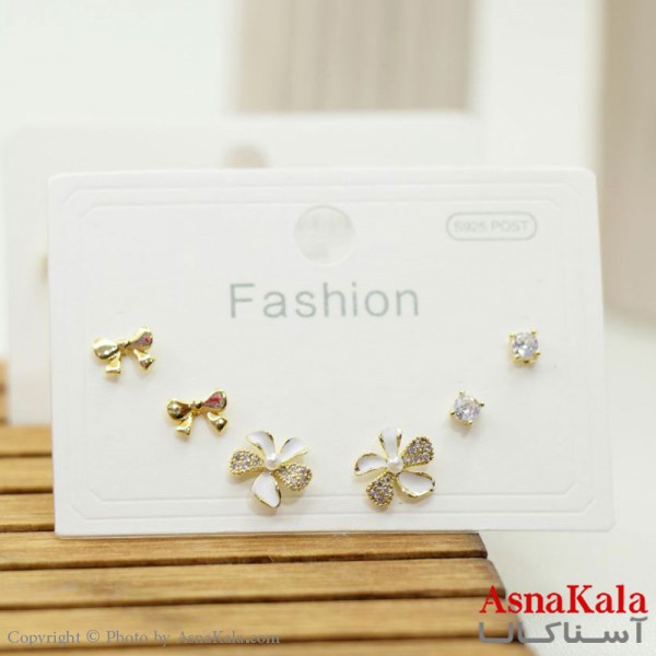 گوشواره زنانه استیل 316  پک 3 جفتی مدل گل چرخان و پاپپیون و تک نگین میخ نقره ای کد GSH15572W