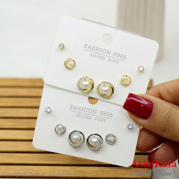 گوشواره زنانه استیل 316  پک 3 جفتی مدل مرواریدی کهکشانی و تک نگین میخ نقره ای کد GSH15573W