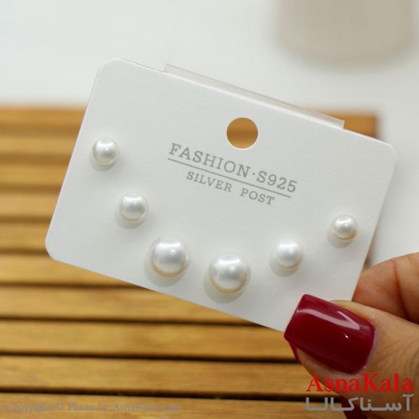 گوشواره زنانه استیل 316  پک 3 جفتی مدل مروارید میخ نقره ای کد GSH15574W