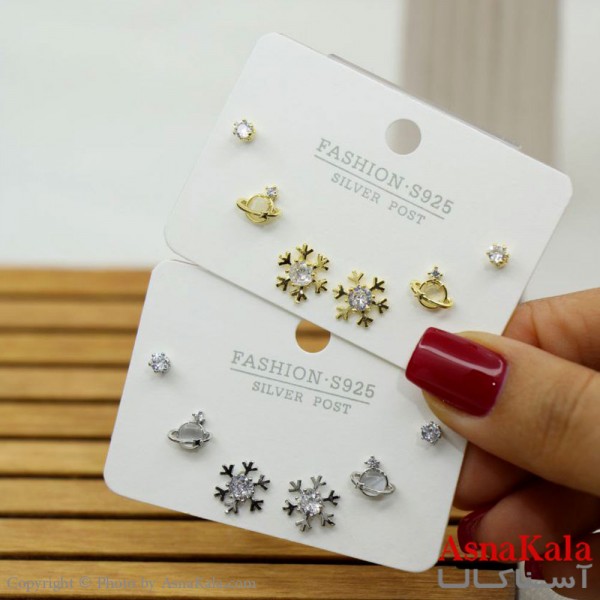 گوشواره زنانه استیل 316  پک 3 جفتی مدل برف و کهکشان و تک نگین میخ نقره ای کد GSH15575W