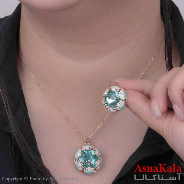 نیم ست زنانه شامل گردنبند و گوشواره  استیل 316 مدل دایره با ستاره فیروزه ای رنگ طلایی  کد NIM14514W