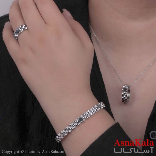 نیم ست زنانه استیل 316 شامل گردنبند و گوشواره و دستبند و انگشتر طرح رولکس کد NIM14524W