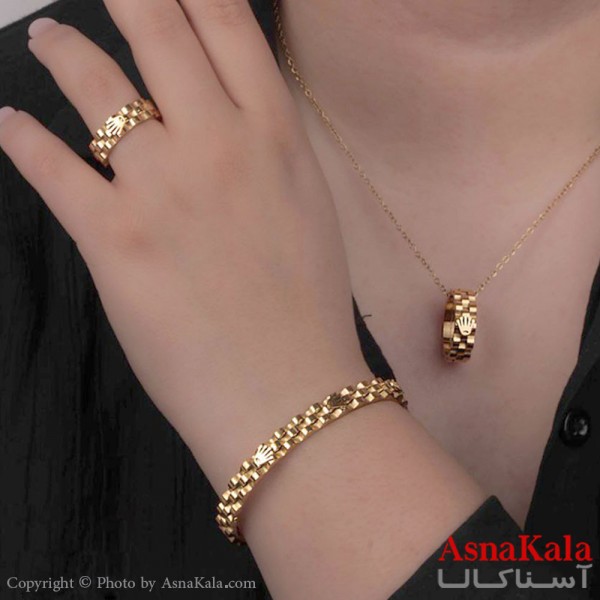 نیم ست زنانه استیل 316 شامل گردنبند و گوشواره و دستبند و انگشتر طرح رولکس کد NIM14525W