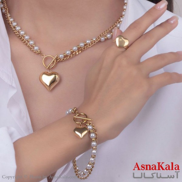 سرویس زنانه استیل 316 شامل گردنبند و گوشواره و دستبند و انگشتر مدل دولاین مروارید با آویز قلب کد NIM14533W