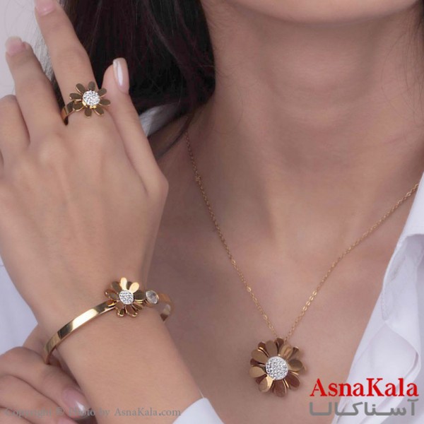 سرویس زنانه استیل 316 شامل گردنبند و گوشواره و دستبند و انگشتر مدل گل جدید کد NIM14538W