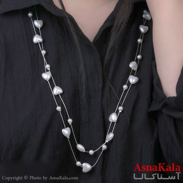 گردنبند رولباسی پینترستی استیل 316 دولاین مرواریدی قلب و گوی کد GNB16769W