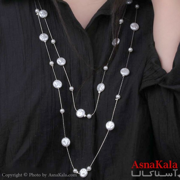 گردنبند رولباسی پینترستی استیل 316 دولاین مرواریدی گوی ناهمگون کد GNB16770W