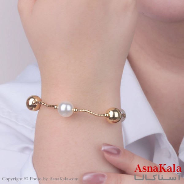دستبند زنانه پینترستی استیل 316 مدل گوی طلایی و مروارید درشت کد DSB18515W