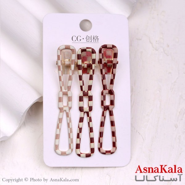 گیره مو زنانه انبری کارتی پاپیونی چهارخونه مجموعه 3عددی کد HAIR13316W