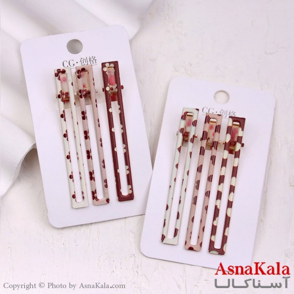 گیره مو زنانه انبری کارتی مستطیل طرحدار مجموعه 3عددی کد HAIR13318W