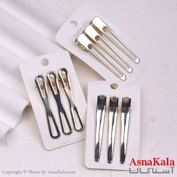 گیره مو زنانه انبری کارتی فلزی نقره ای مجموعه 3عددی کد HAIR13335W