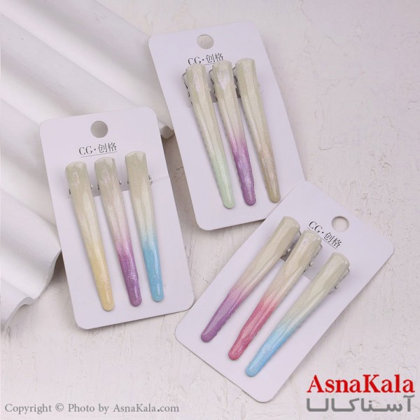 گیره مو زنانه انبری کارتی براق رنگین کمون مجموعه 3عددی کد HAIR13373W