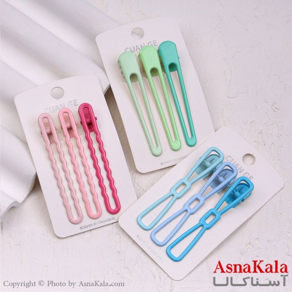 گیره مو زنانه انبری کارتی فلزی رنگی مجموعه 3عددی کد HAIR13386W