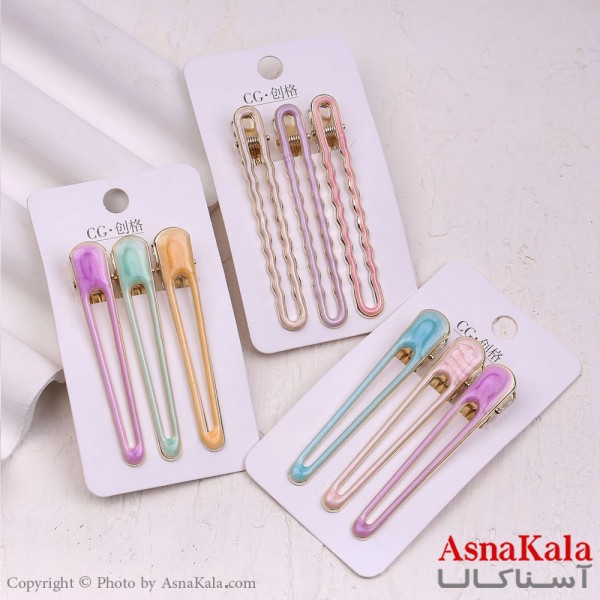 گیره مو زنانه انبری کارتی مستطیلی رنگی مجموعه 3عددی کد HAIR13412W