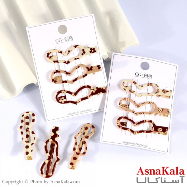 گیره مو زنانه انبری کارتی پینترستی قلبی طرحدار مجموعه 3عددی کد HAIR13501W