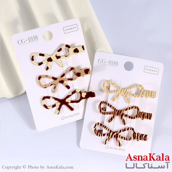 گیره مو زنانه انبری کارتی پینترستی پاپیون طرحدار مجموعه 3عددی کد HAIR13505W