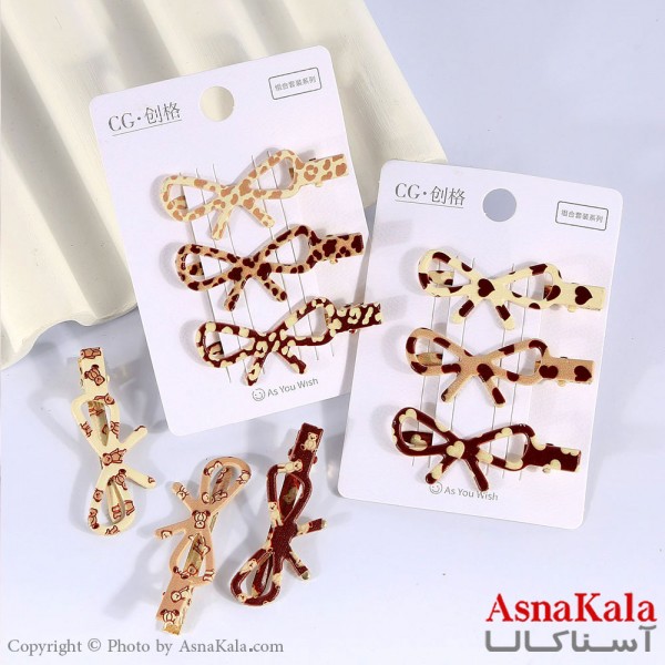 گیره مو زنانه انبری کارتی پینترستی پاپیون طرحدار مجموعه 3عددی کد HAIR13506W