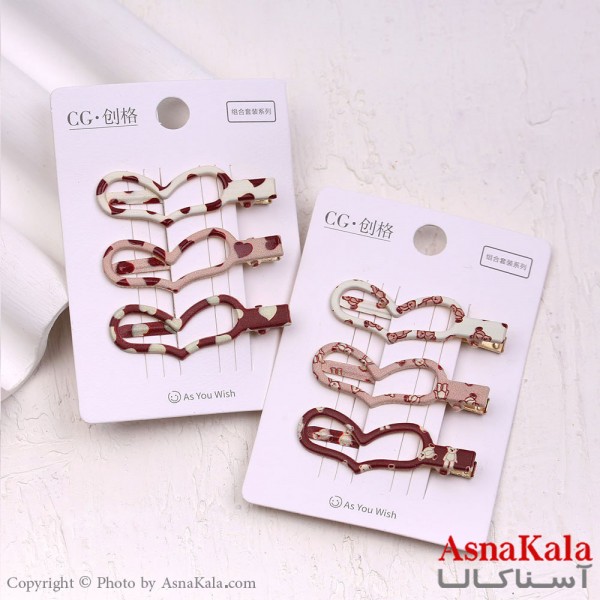 گیره مو زنانه انبری کارتی پینترستی قلبی طرحدار مجموعه 3عددی کد HAIR13515W