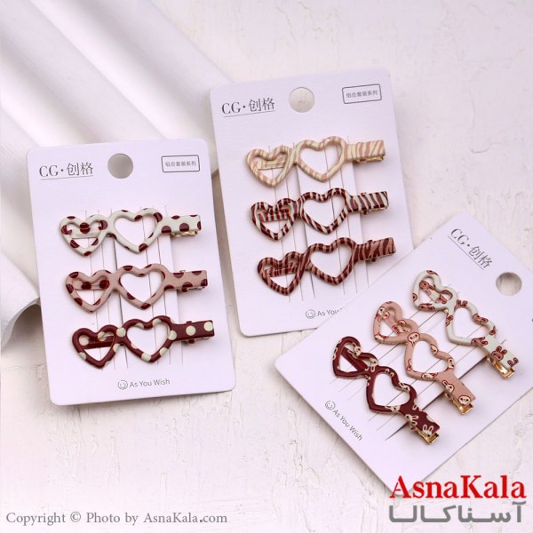گیره مو زنانه انبری کارتی پینترستی قلبی طرحدار مجموعه 3عددی کد HAIR13517W