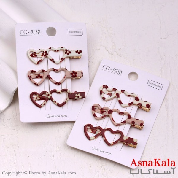 گیره مو زنانه انبری کارتی پینترستی قلبی طرحدار مجموعه 3عددی کد HAIR13519W