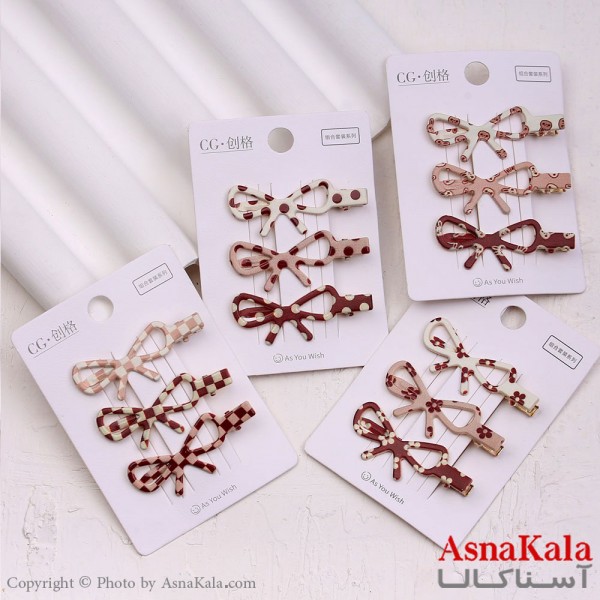 گیره مو زنانه انبری کارتی پینترستی پاپیون طرحدار مجموعه 3عددی کد HAIR13521W