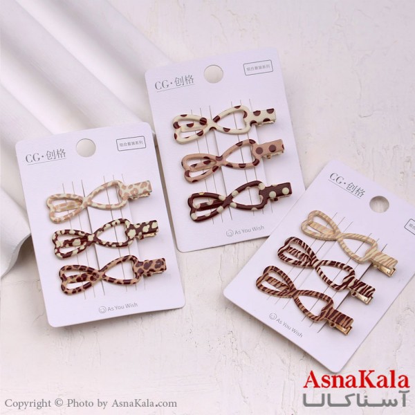 گیره مو زنانه انبری کارتی پینترستی پاپیون طرحدار مجموعه 3عددی کد HAIR13524W