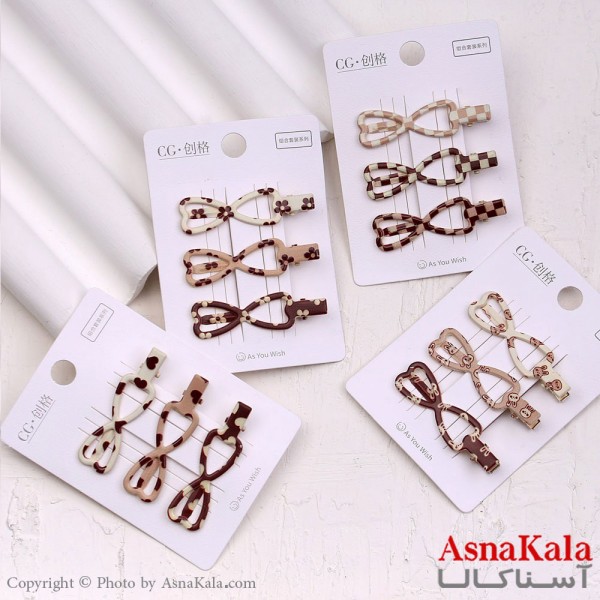 گیره مو زنانه انبری کارتی پینترستی پاپیون طرحدار مجموعه 3عددی کد HAIR13525W