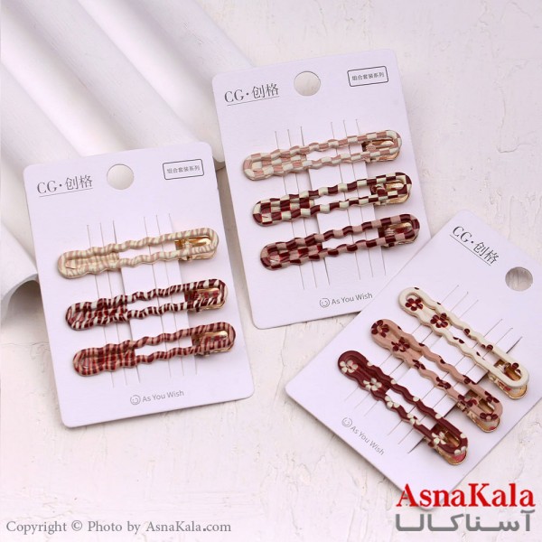 گیره مو زنانه انبری کارتی پینترستی مستطیل طرحدار مجموعه 3عددی کد HAIR13529W