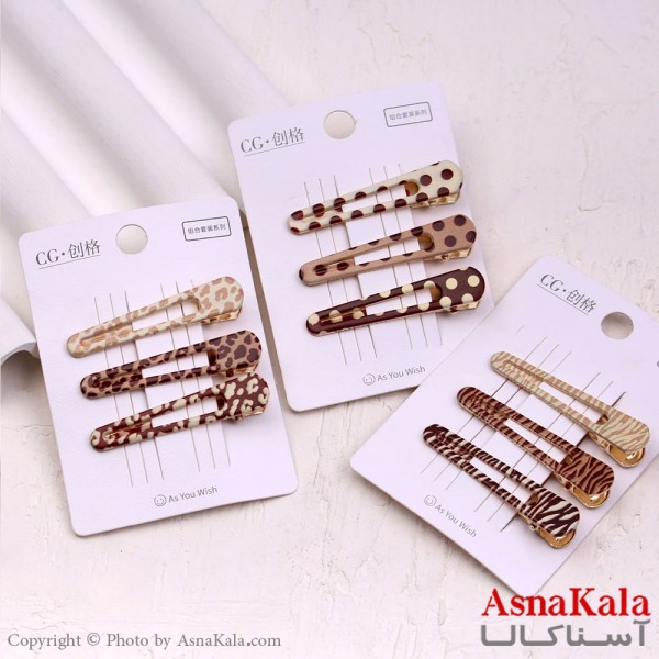 گیره مو زنانه انبری کارتی پینترستی بادومی طرحدار مجموعه 3عددی کد HAIR13530W