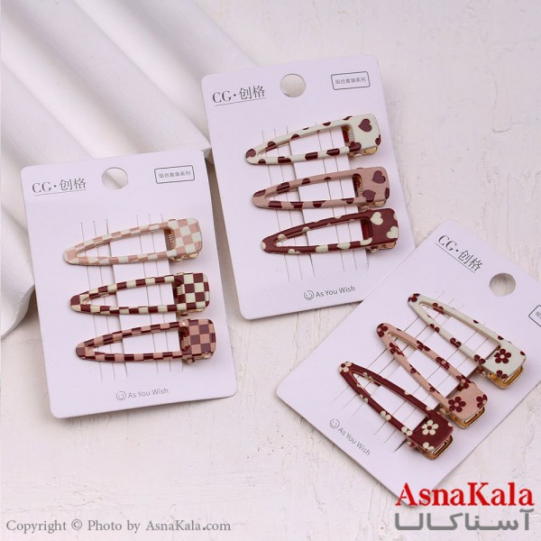 گیره مو زنانه انبری کارتی پینترستی بادومی طرحدار مجموعه 3عددی کد HAIR13532W