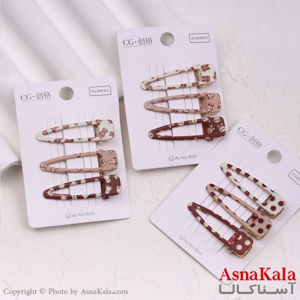 گیره مو زنانه انبری کارتی پینترستی بادومی طرحدار مجموعه 3عددی کد HAIR13534W