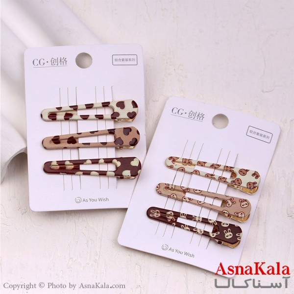 گیره مو زنانه انبری کارتی پینترستی بادومی طرحدار مجموعه 3عددی کد HAIR13535W