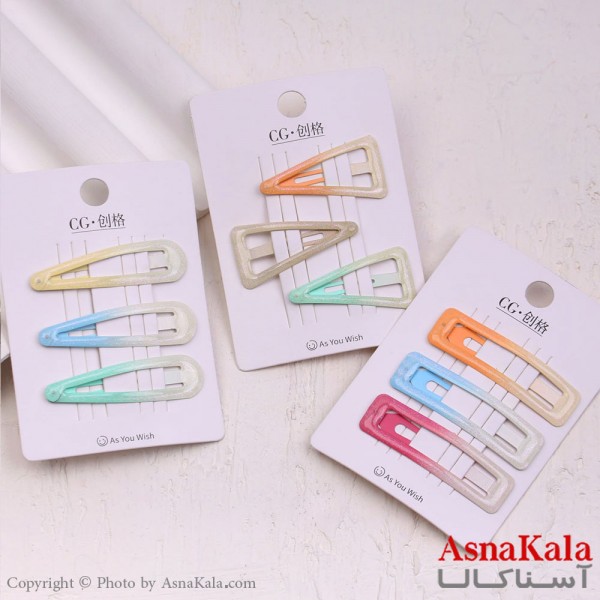 گیره مو تق تقی کارتی مدل آبرنگی براق مجموعه 3عددی کد HAIR13582W