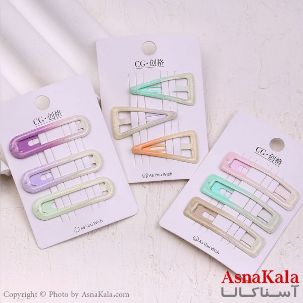 گیره مو تق تقی کارتی مدل آبرنگی براق مجموعه 3عددی کد HAIR13584W