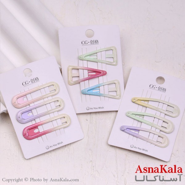 گیره مو تق تقی کارتی مدل آبرنگی براق مجموعه 3عددی کد HAIR13585W