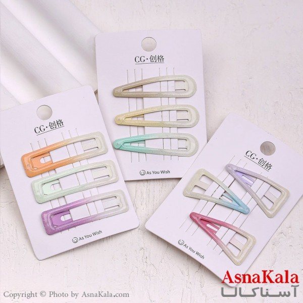 گیره مو تق تقی کارتی مدل آبرنگی براق مجموعه 3عددی کد HAIR13586W