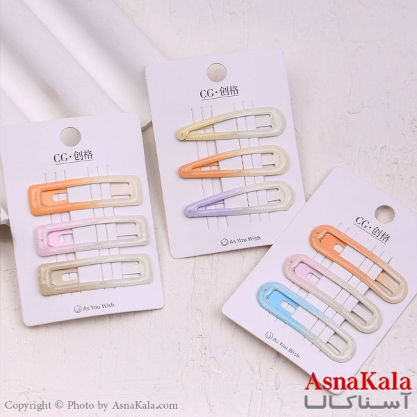 گیره مو تق تقی کارتی مدل آبرنگی براق مجموعه 3عددی کد HAIR13587W