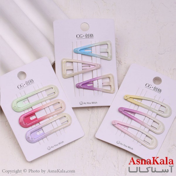 گیره مو تق تقی کارتی مدل آبرنگی براق مجموعه 3عددی کد HAIR13588W