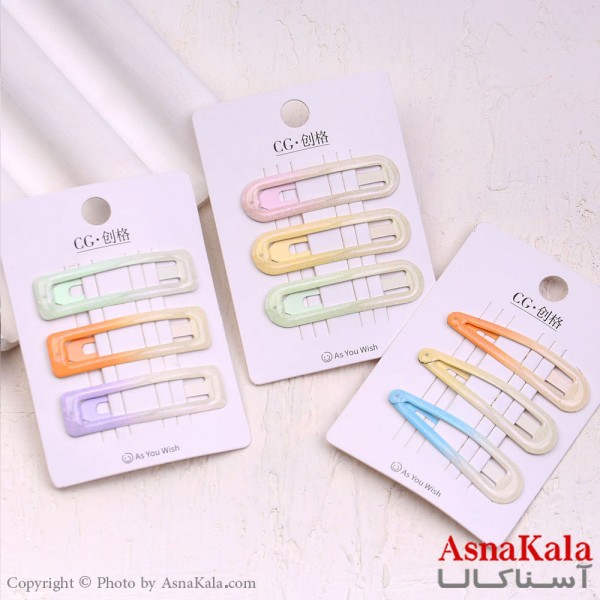 گیره مو تق تقی کارتی مدل آبرنگی براق مجموعه 3عددی کد HAIR13589W