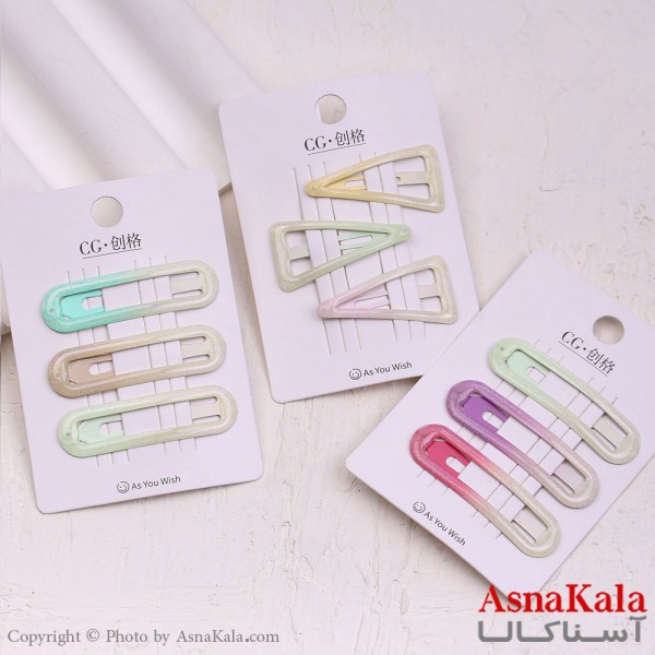 گیره مو تق تقی کارتی مدل آبرنگی براق مجموعه 3عددی کد HAIR13590W