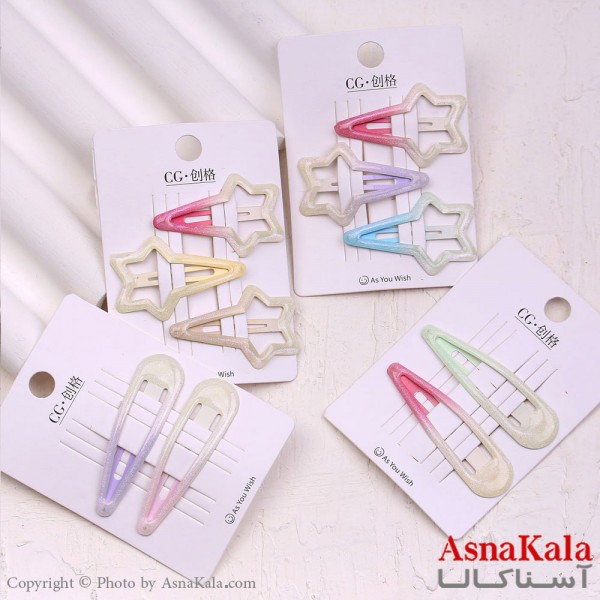 گیره مو تق تقی کارتی مدل آبرنگی براق مجموعه 3عددی کد HAIR13592W