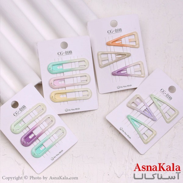 گیره مو تق تقی کارتی مدل آبرنگی براق مجموعه 3عددی کد HAIR13593W