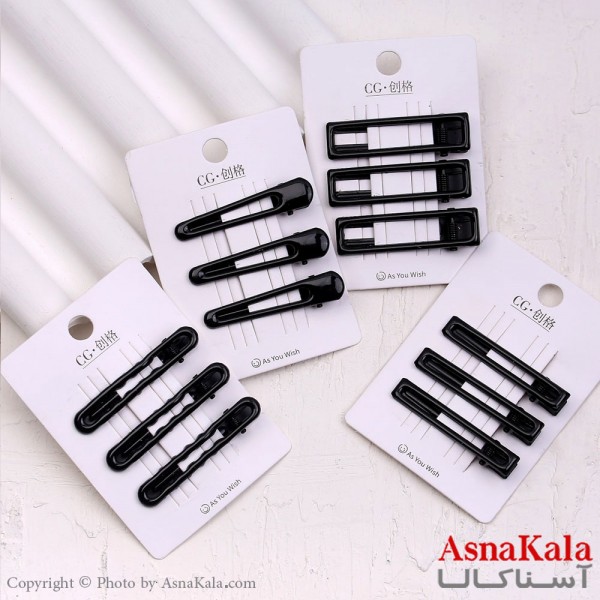 گیره مو زنانه انبری کارتی پینترستی مشکی براق مستطیل مجموعه 3عددی کد HAIR13609W