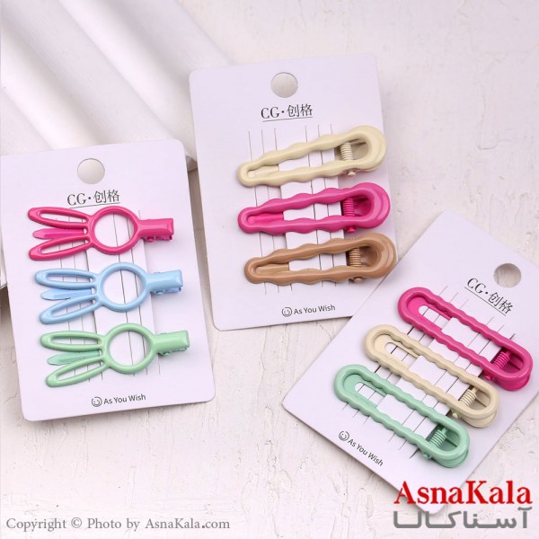 گیره مو زنانه انبری کارتی پینترستی براق رنگی اشکال مجموعه 3عددی کد HAIR13611W