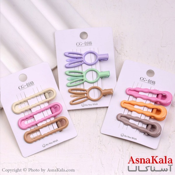 گیره مو زنانه انبری کارتی پینترستی براق رنگی اشکال مجموعه 3عددی کد HAIR13614W