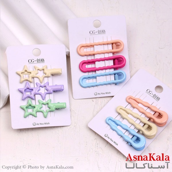 گیره مو زنانه انبری کارتی پینترستی براق رنگی اشکال مجموعه 3عددی کد HAIR13616W