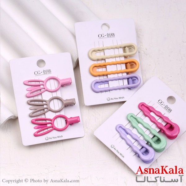 گیره مو زنانه انبری کارتی پینترستی براق رنگی اشکال مجموعه 3عددی کد HAIR13619W