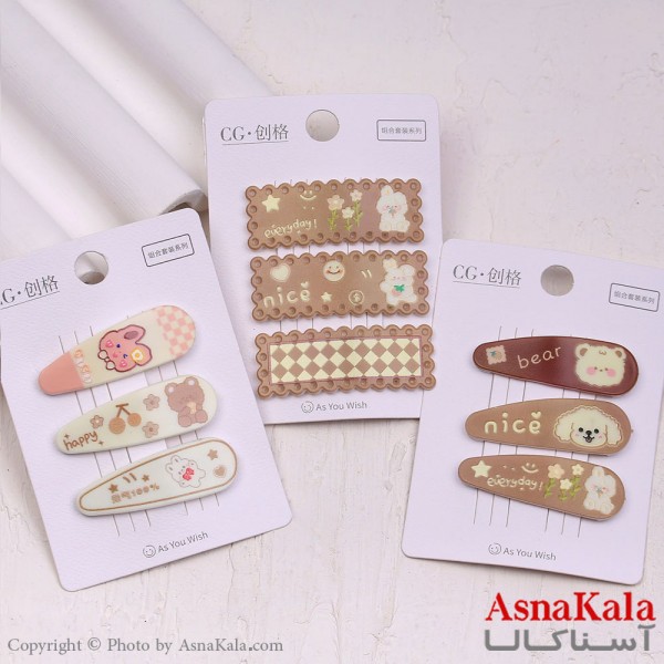 گیره مو تق تقی کارتی مدل خرسی پینترستی رنگ نود مجموعه 3عددی کد HAIR13674W